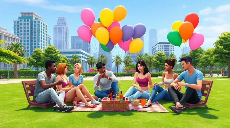 Personajes Sims disfrutan parque soleado y colorido