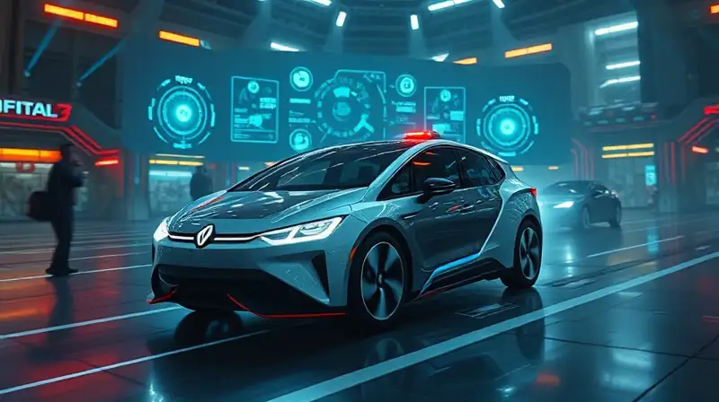 Vehículo eléctrico en batalla futurista holográfica