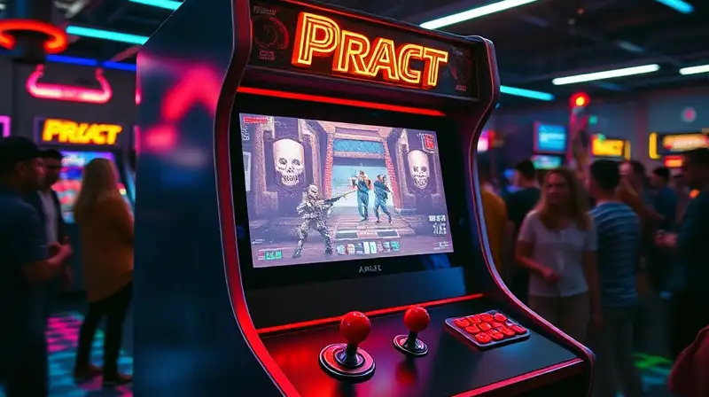 Máquina arcade retro con juego FPS vibrante