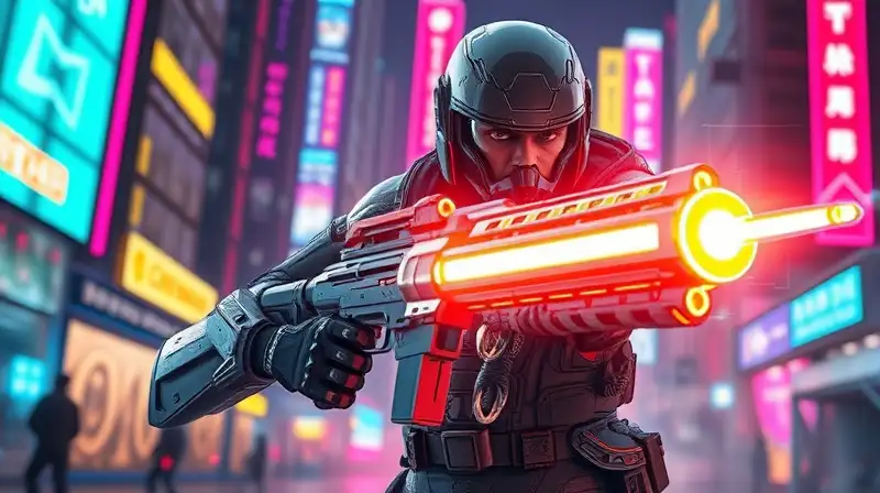 Soldado futurista con arma brillante activa