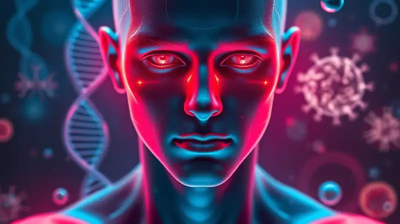 Figura humana futurista con ADN y enfermedades