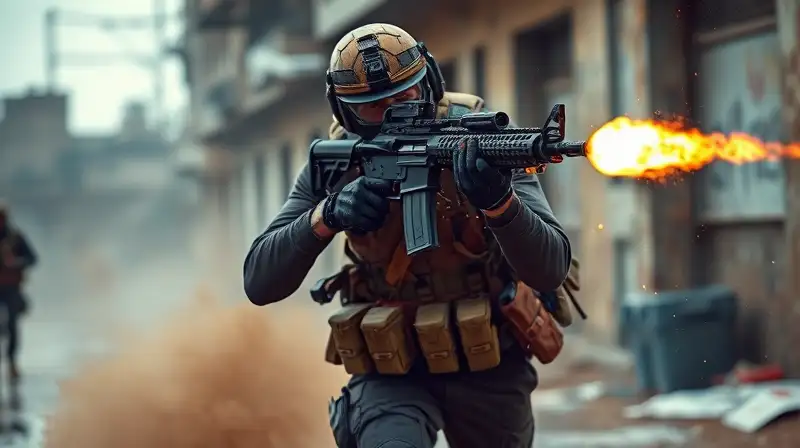 Soldado corre disparando en batalla urbana