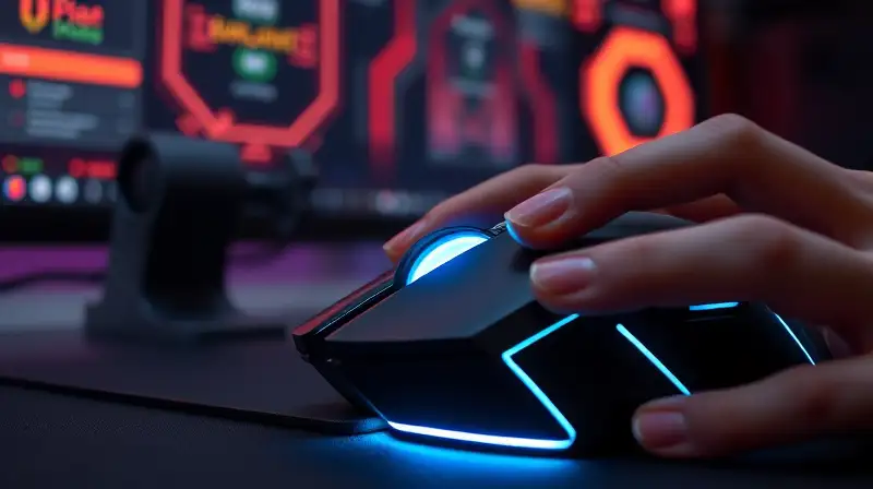 Primer plano de ratón gaming con pantalla Valorant