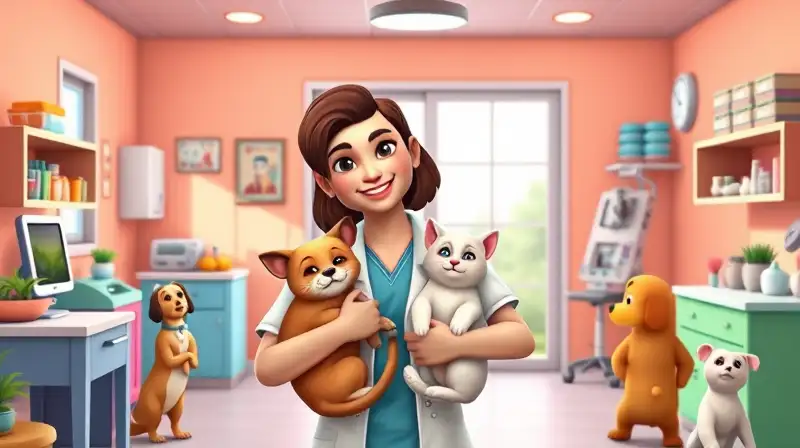 Sim sonriente con mascota en clínica veterinaria