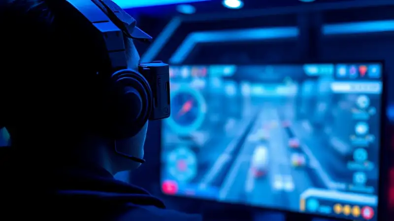 Gamer observa juego futurista claro y vibrante