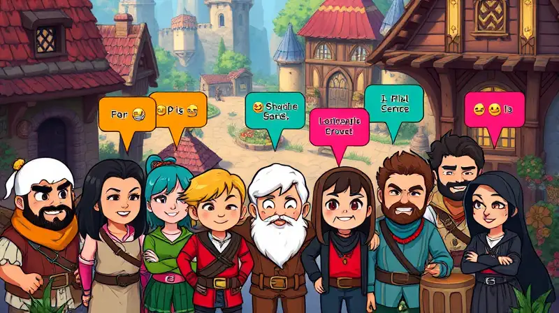 Personajes NPC coloridos en pueblo medieval pixelado