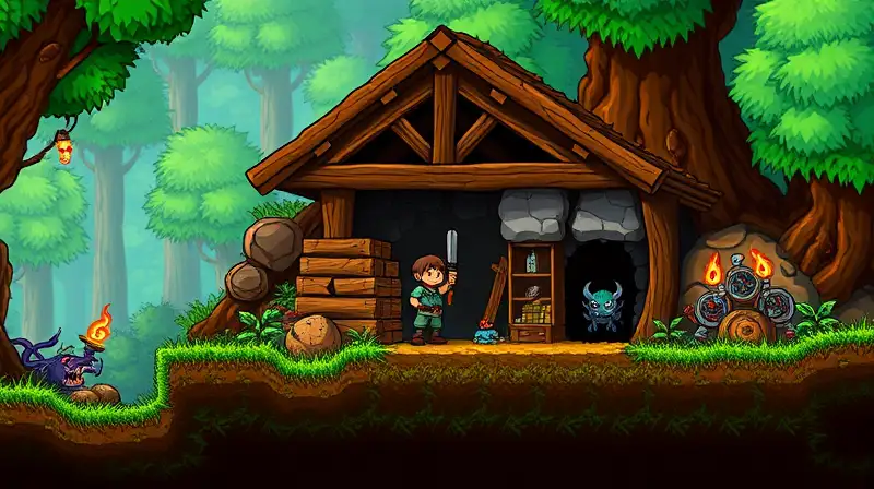 Personaje en Terraria construye refugio y explora