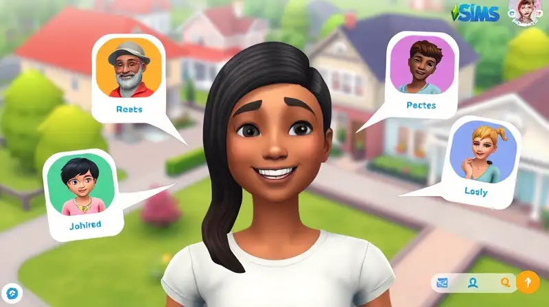 Personaje Sims sonriente con amigos y colores