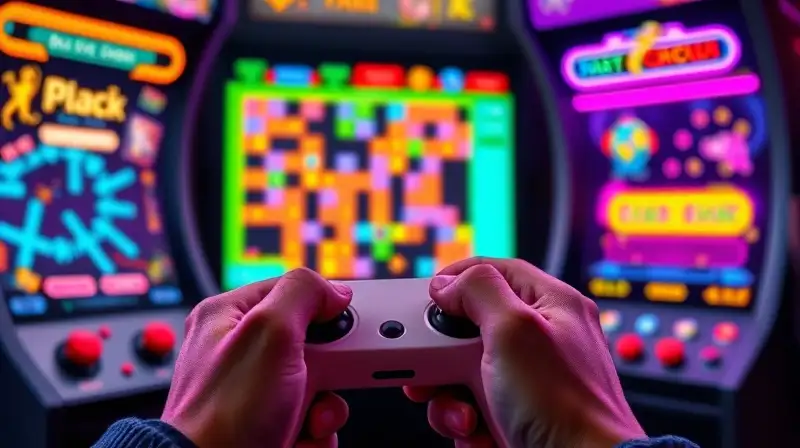 Jugador concentrado en juego arcade colorido