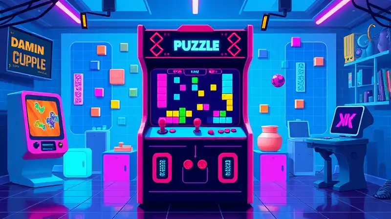 Arcade retro con puzzles y colores neón
