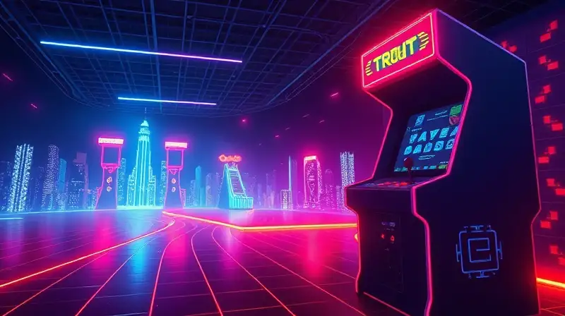 Escena arcade retrofuturista con luces neón