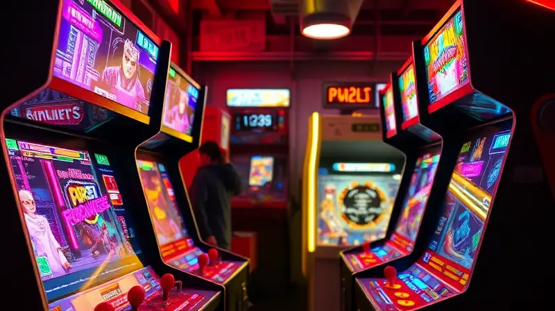 Máquinas arcade retro con luces y jugadores
