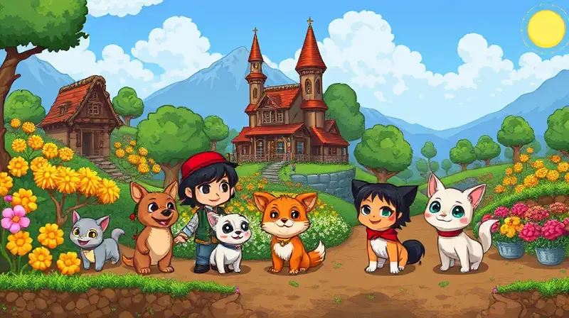 Escena 2D colorida con mascotas y NPC