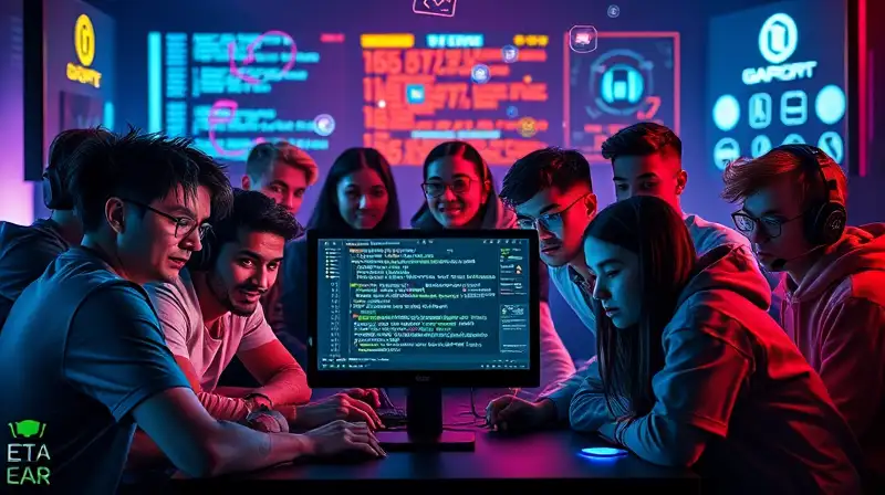 Grupo diverso juega concentrado en ambiente futurista