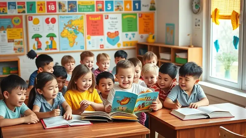 Niños aprenden felices en aula colorida