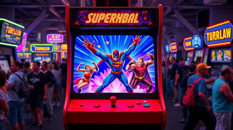 Máquina arcade clásica con juego de superhéroes