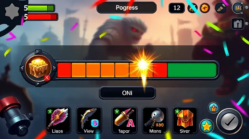 Interfaz RPG vibrante con progresos y celebración