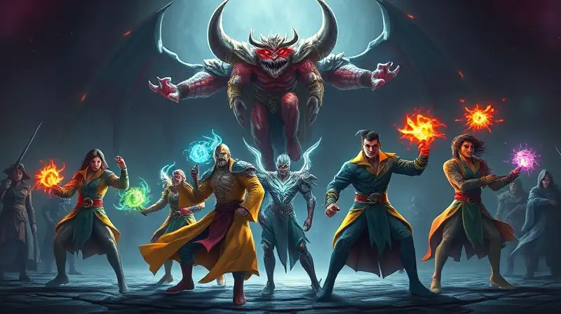 Batalla épica, equipo unido, magia vibrante