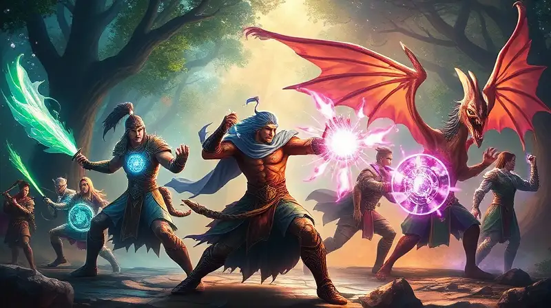 Guerreros fantásticos con magia y criaturas místicas