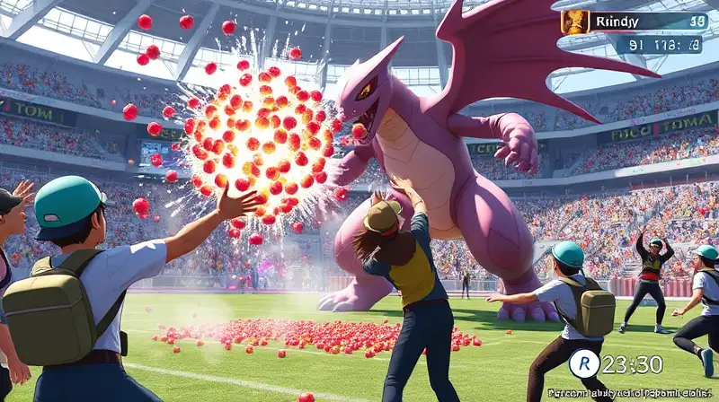 Entrenadores lanzan bayas en batalla Pokémon