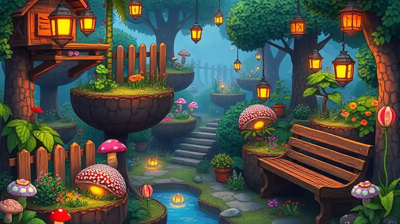 Jardín pixelado con plantas y fantasía