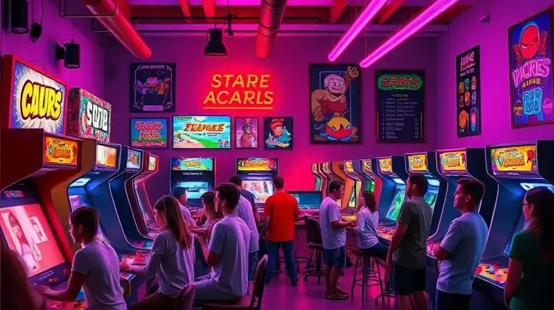 Máquinas arcade vibrantes con jugadores diversos