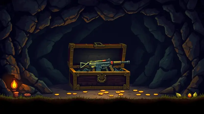 Cofre brillante con armas en cueva oscura