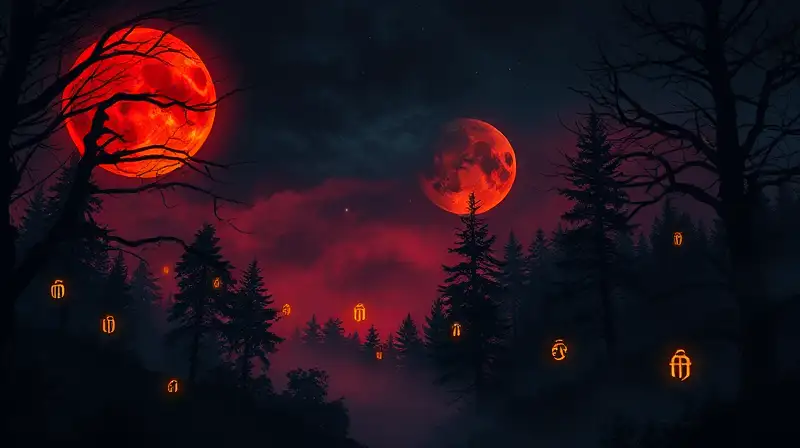 Luna roja sobre bosque mágico y misterioso