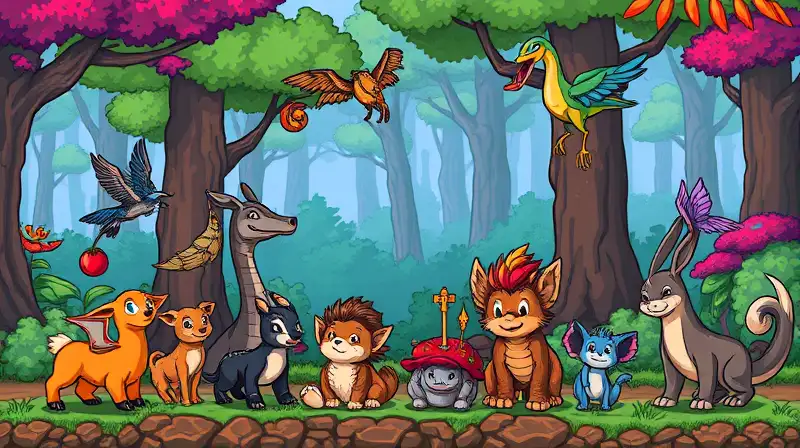 Animales animados en bosque pixelado colorido