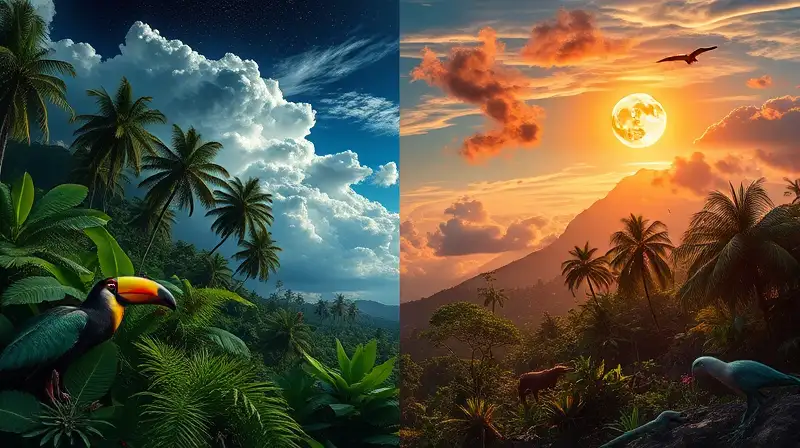 Bosque tropical vivo entre día y noche