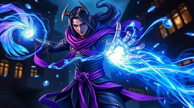 Mago dinámico lanza magia vibrante nocturna