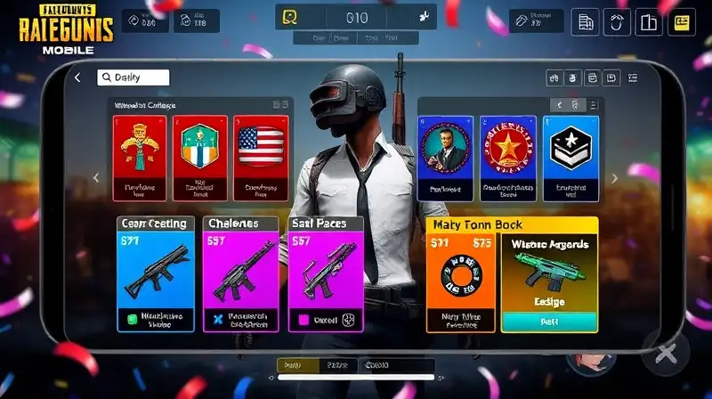 Interfaz colorida de PUBG Mobile con recompensas