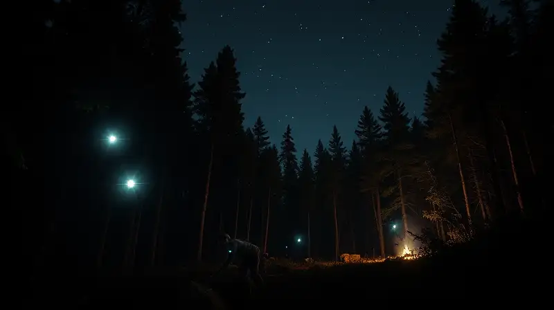 Persona con linterna en bosque nocturno
