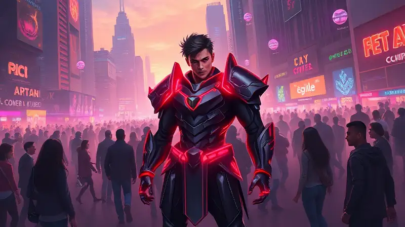 Ciudad futurista con Eclipse, héroe brillante