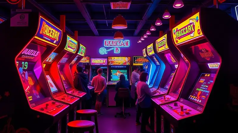 Máquinas arcade brillan con luces neón