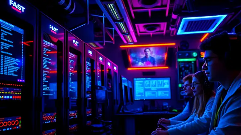 Sala de servidores con gamers y tecnología futurista