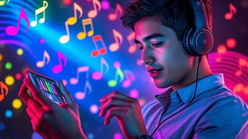 Persona juega ritmo en móvil con notas