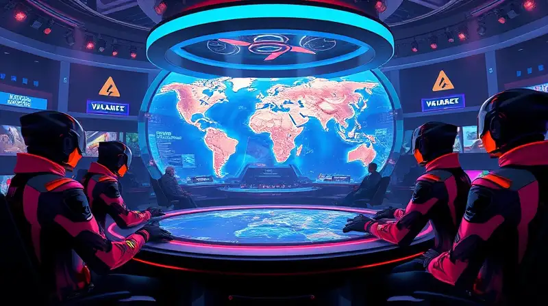 Arena esports futurista con agentes estrategas