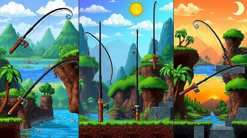 Cañas de pescar vibrantes en biomas Terraria