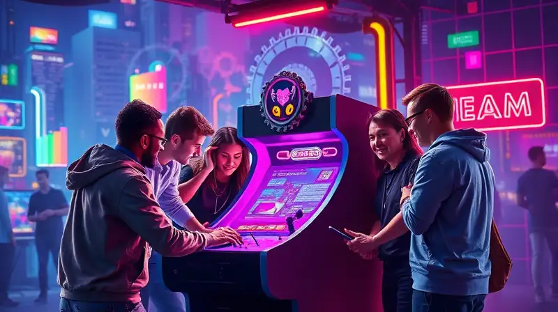 Equipo diverso colaborando en arcade futurista