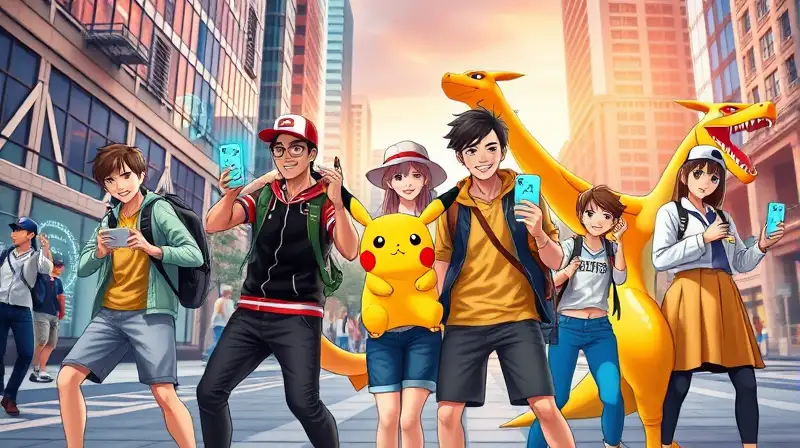 Entrenadores y Pokémon vibrantes en ciudad