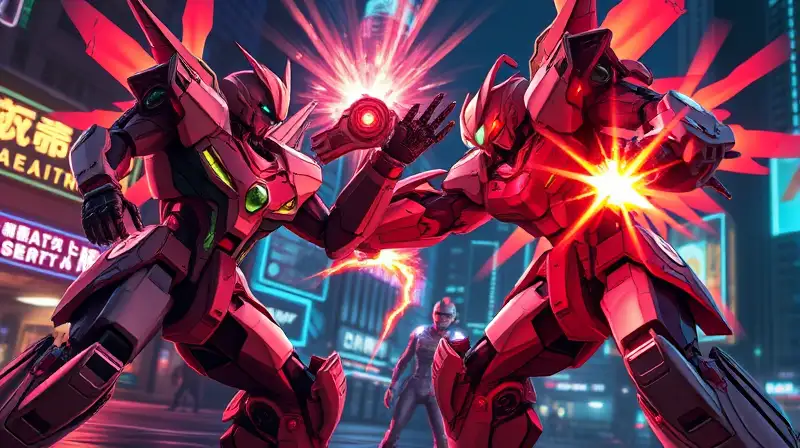 Robots mecha futuristas luchan en ciudad