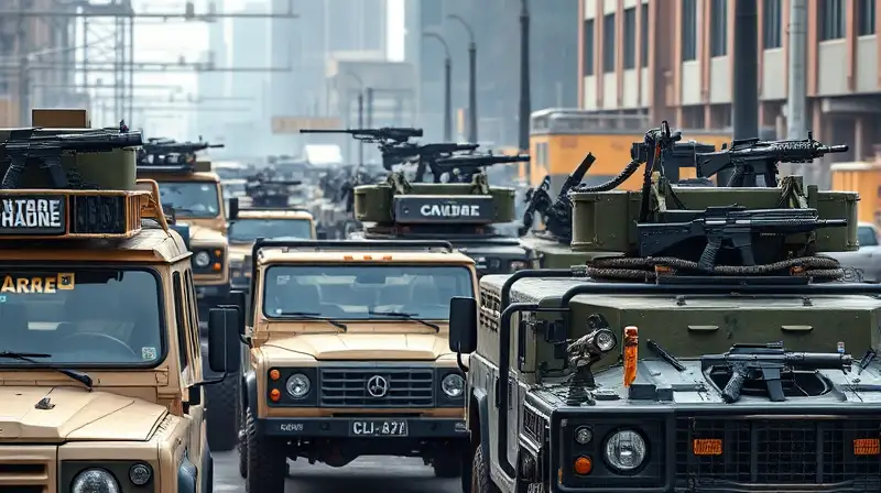 Vehículos urbanos y armas militares en escena