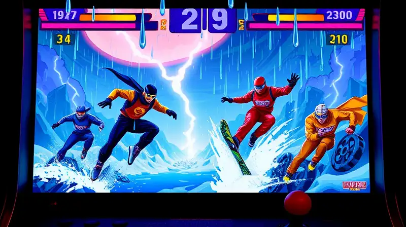 Pantalla arcade con deportes extremos dinámica