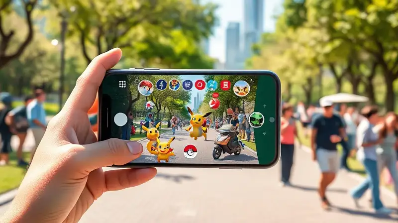 Pantalla muestra Pokémon GO en parque vibrante