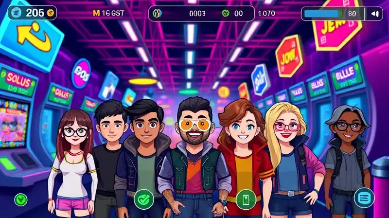 Personajes coloridos personalizando en arcade vibrante