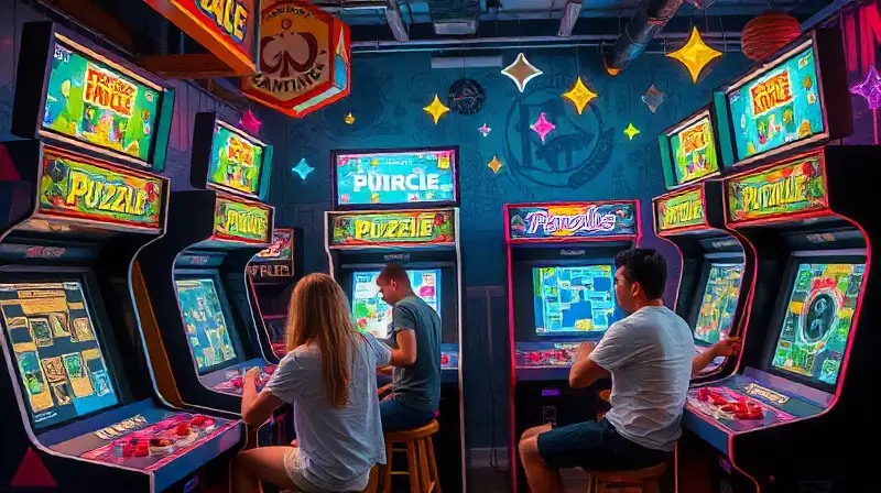 Jugadores felices en arcade retro con luces