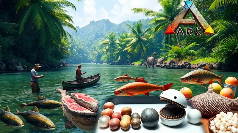 Personajes pescando junto a criaturas prehistóricas