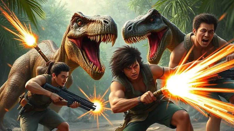 Combate prehistórico intenso en jungla vibrante