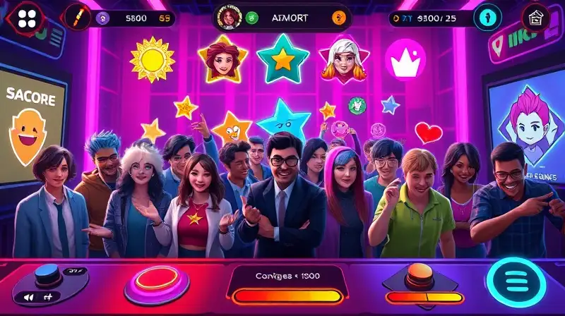 Pantalla arcade vibrante con avatares celebrando